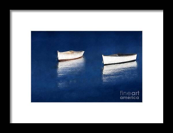 Rowboats Framed Print featuring the digital art Reflections on Blue by Jayne Carney