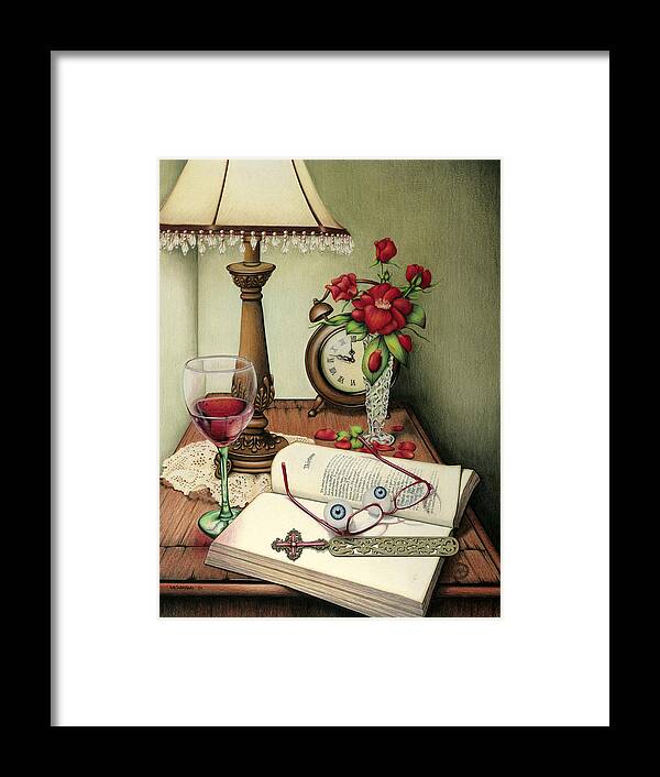 Nightstand Framed Print featuring the painting Resting My Eyes by Lori Sutherland