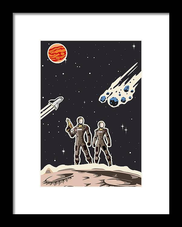 Teamwork Framed Print featuring the drawing Retro Space Astronaut Couple Poster by Yogysic