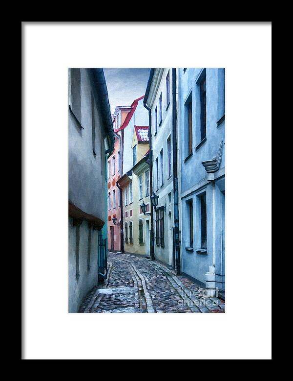 Digital Framed Print featuring the painting Riga Narrow Street Painting by Antony McAulay