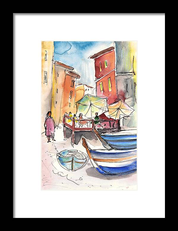 Italy Framed Print featuring the painting Riomaggiore in Italy 01 by Miki De Goodaboom