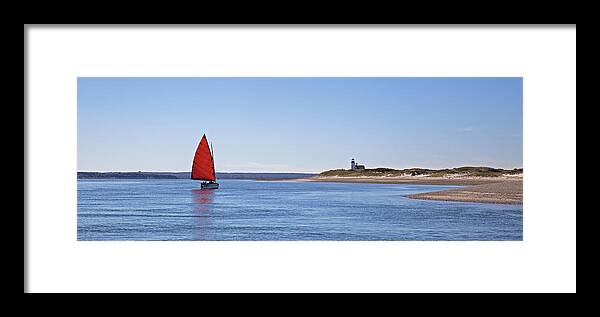 Sail Framed Print featuring the photograph Ripple Catboat with Red Sail and Lighthouse by Charles Harden