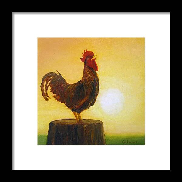 Rooster; Red; Sun; Rising Sun; Morning Sun; Farmland; Field; Nature; Wildlife; Free Range; Tree Stump Framed Print featuring the painting Rise 'n Shine by Roseann Gilmore