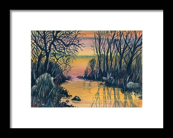 Watercolor Framed Print featuring the painting River At Sunset by Terry Banderas