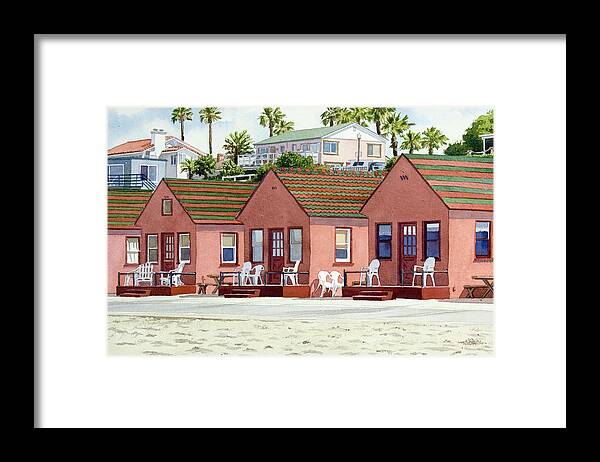 California Framed Print featuring the painting Robert's Cottages Oceanside by Mary Helmreich