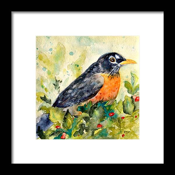 Robin Framed Print featuring the painting Robin in the Holly by Beverley Harper Tinsley