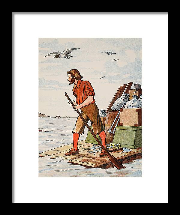 Robinson Crusoe Framed Print featuring the painting Robinson Crusoe on his raft by English School