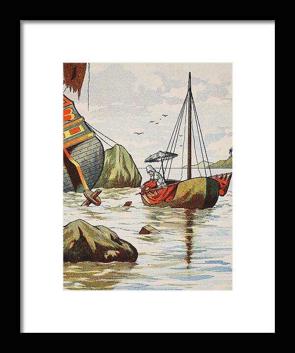 Robinson Crusoe Framed Print featuring the painting Robinson Crusoe rescuing a dog from a Spanish shipwreck by English School