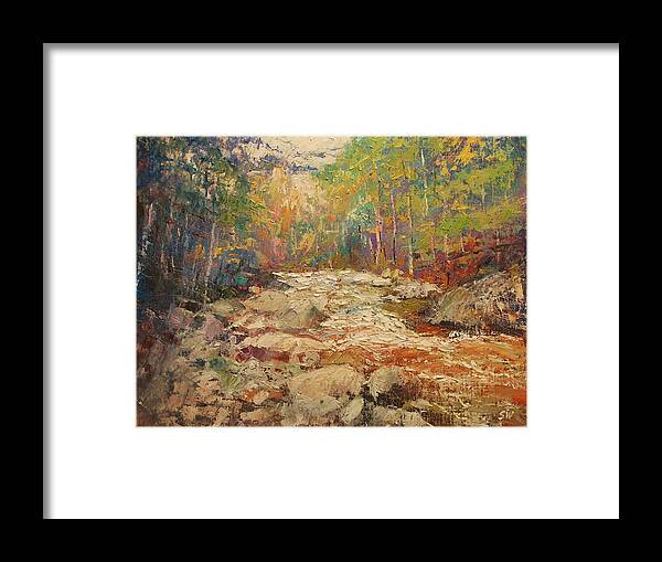 Sean Wu Framed Print featuring the painting Rock by the creek by Sean Wu