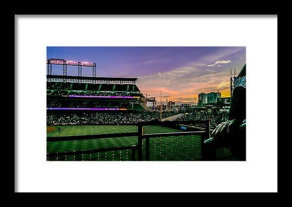 Baseball Framed Print featuring the photograph Rockies game at sunset by Stacy Abbott