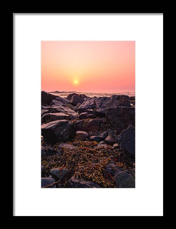 Atlantic Ocean Framed Print featuring the photograph Rocks And Seaweed Sunrise On The NH Seacoast by Jeff Sinon