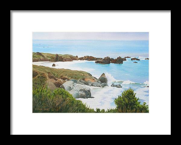 Watercolor Framed Print featuring the painting Rocks and Waves - California Coast by Daniel Dayley