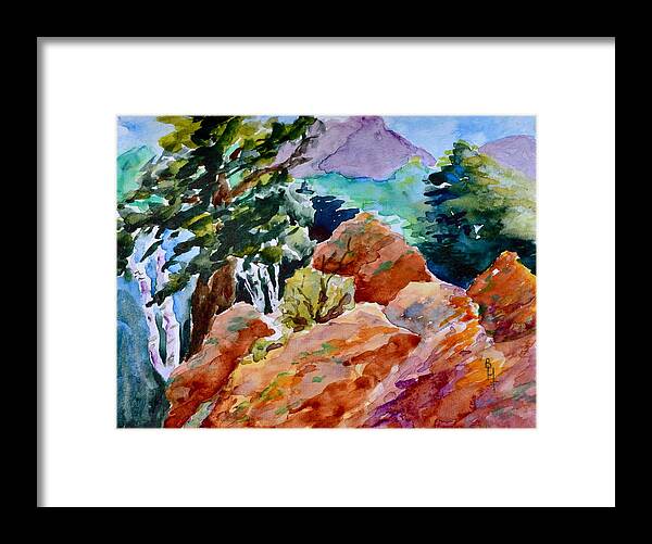 Landscape Framed Print featuring the painting Rocks Near Red Feather by Beverley Harper Tinsley