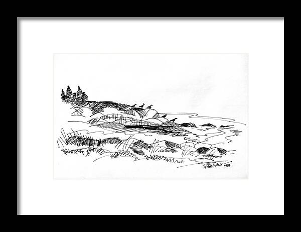 Monhegan Island Framed Print featuring the drawing Rocky Beach Monhegan 1998 by Richard Wambach