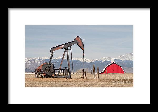 Colorado Framed Print featuring the photograph Rocky Mountains Oil Well and Red Barn Panorama by James BO Insogna