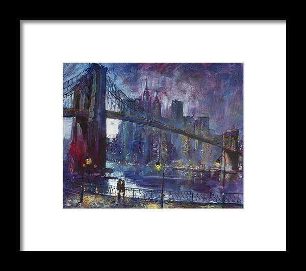 Brooklyn Bridge Framed Print featuring the painting Romance by East River NYC by Ylli Haruni