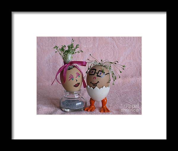Romantic Couple Framed Print featuring the photograph Romantic Easter couple on Pink. Eggmen or Egg With Hair Series by Ausra Huntington nee Paulauskaite
