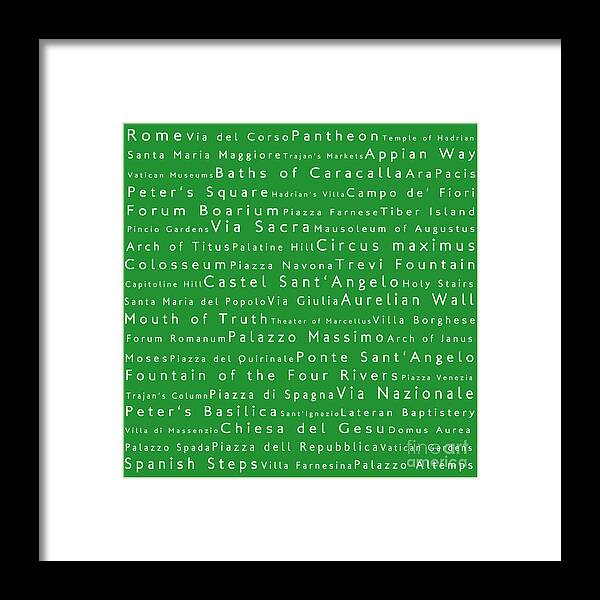 Cities Framed Print featuring the photograph Rome in Words Green by Sabine Jacobs