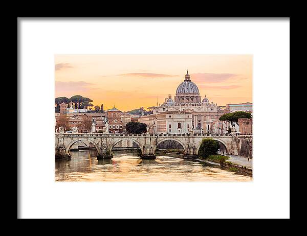 Tranquility Framed Print featuring the photograph Rome skyline at sunset with Tiber river and St. Peter's Basilica, Italy by Alexander Spatari