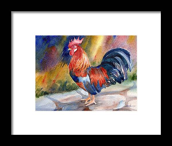 Rooster Framed Print featuring the painting Rooster at Sunrise by Janet Zeh