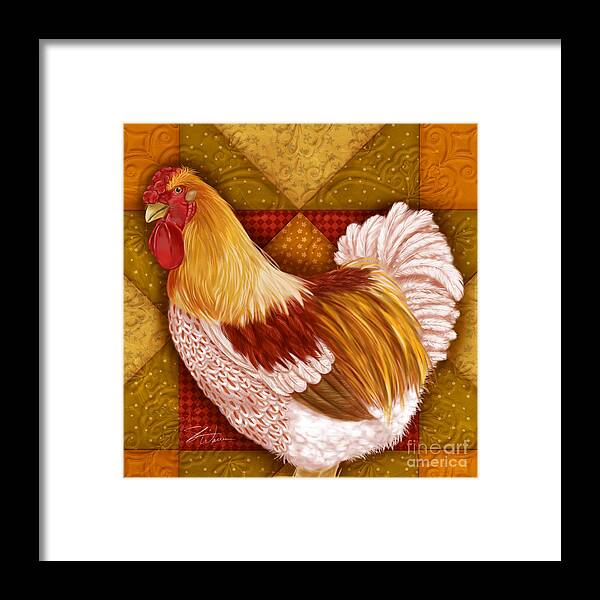Rooster Framed Print featuring the mixed media Rooster on a Quilt I by Shari Warren
