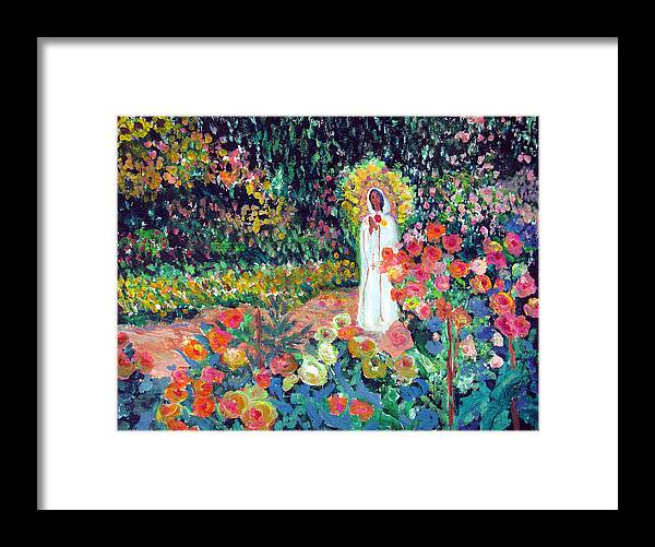 Virgin Mary Framed Print featuring the painting Rosa Mistica in Monet's Garden by Sarah Hornsby