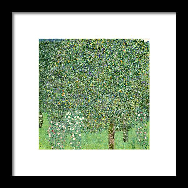 Painting Framed Print featuring the painting Rosebushes under the Trees by Mountain Dreams
