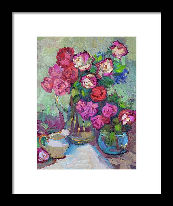 Roses Framed Print featuring the painting Roses In Two Vases by Diane McClary