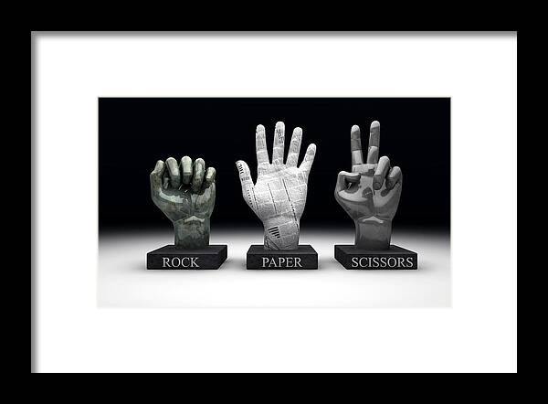 Statues Framed Print featuring the digital art Roshambo - Rock Paper Scissors by Allan Swart