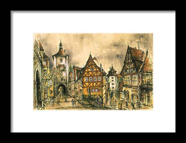 Art Framed Print featuring the painting Rothenburg Bavaria Germany - Romantic Watercolor by Peter Potter