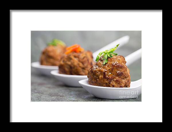 Appetiser Framed Print featuring the photograph Row of Asian meatballs by Jane Rix