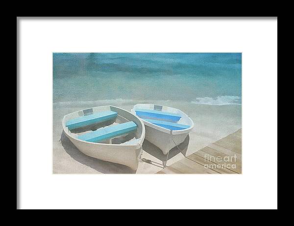 Rowboats Framed Print featuring the digital art Rowboat Blues by Jayne Carney