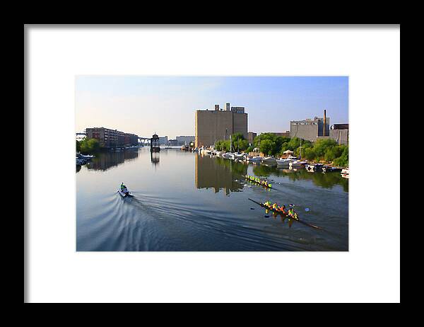 Milwaukee Framed Print featuring the digital art Rowers Milwaukee River 1 by Geoff Strehlow