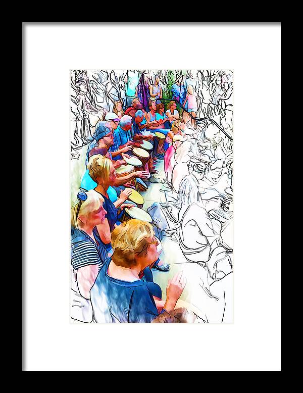 Drum Circle Framed Print featuring the mixed media Rows of Drummers by John Haldane