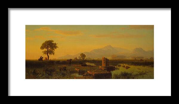 Paestum; Ruin; Ruins; Remains; Classical; Roman; Greco-roman; Greek; Architecture; Temple; Columns; Landscape; View; Italy; Italian; Campania; Sunset; Sundown; Dusk; Cow; Cows; Cattle; Male; Horse; Horseback; Riding; Mountains; Mountainous; Setting Sun; Evening Framed Print featuring the painting Ruins of Paestum by Albert Bierstadt