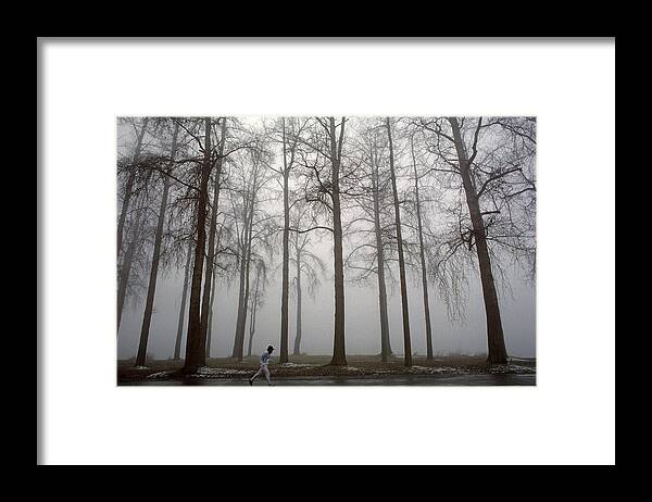 Exercise Framed Print featuring the photograph Runner along path in fog and cold with tall trees by Jim Corwin