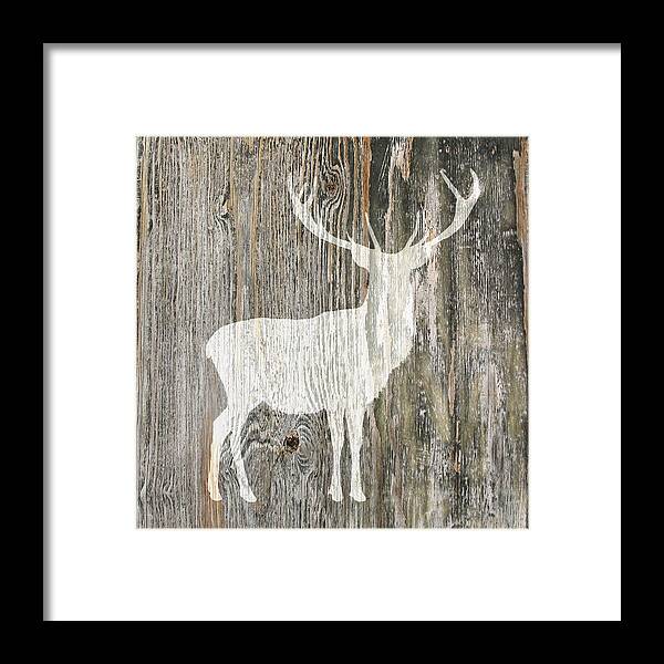 Deer Framed Print featuring the photograph Rustic White Stag Deer Silhouette On Wood Right Facing by Suzanne Powers