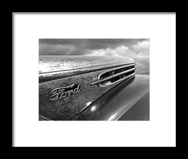 Ford Truck Framed Print featuring the photograph Rusty Ford Hood and Fender 1942 Black and White by Gill Billington