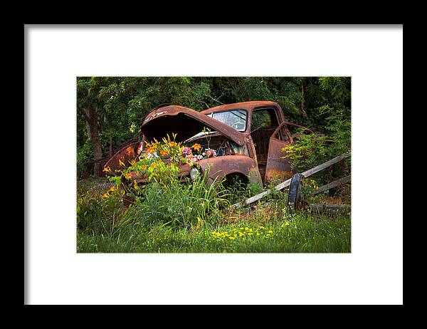 Old Truck Framed Print featuring the photograph Rusty Truck Flower Bed - Charming Rustic Country by Gary Heller
