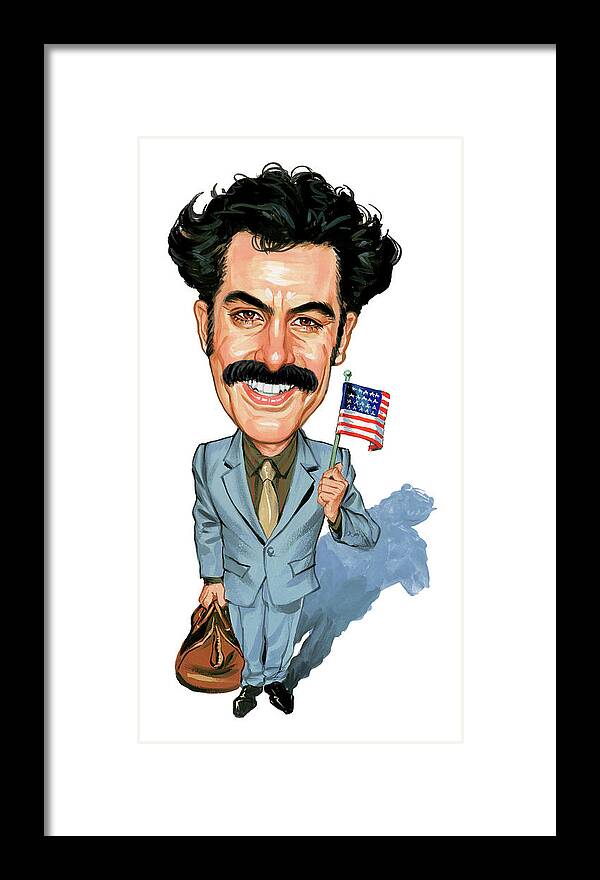 Borat Sagdiyev Framed Print featuring the painting Sacha Baron Cohen as Borat Sagdiyev by Art 