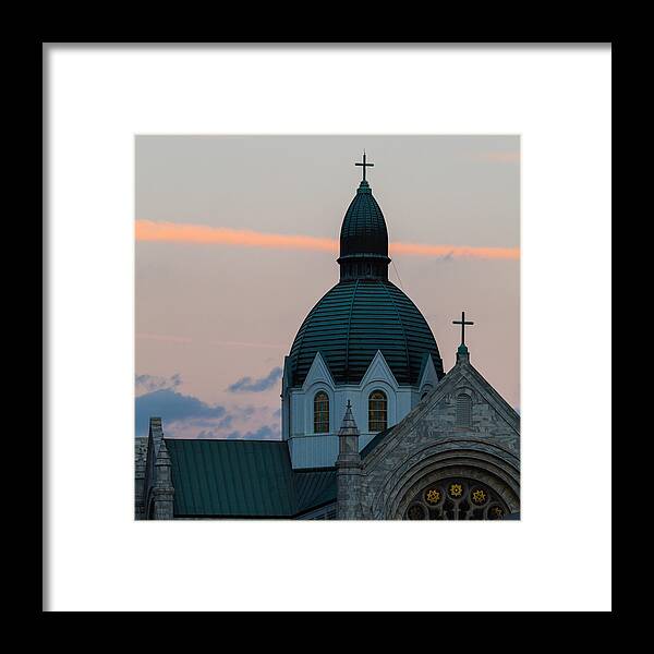 Architectural Features Framed Print featuring the photograph Sacred Heart at Sundown by Ed Gleichman