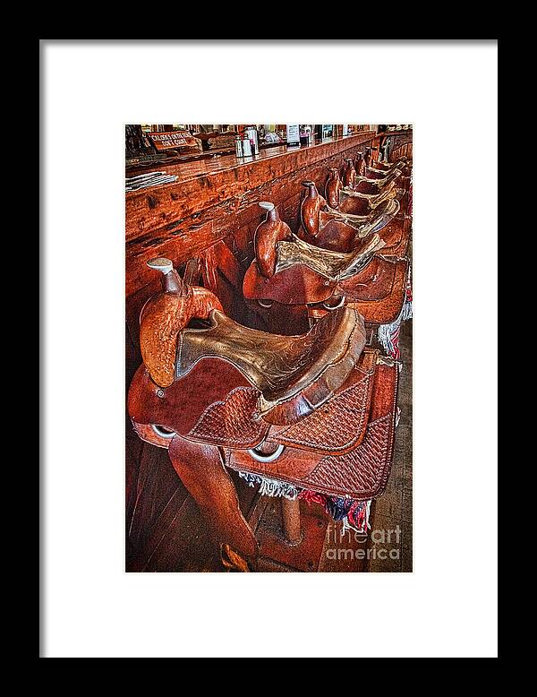 Saddle Up To The Bar Framed Print featuring the photograph Saddle Up To the Bar by Priscilla Burgers