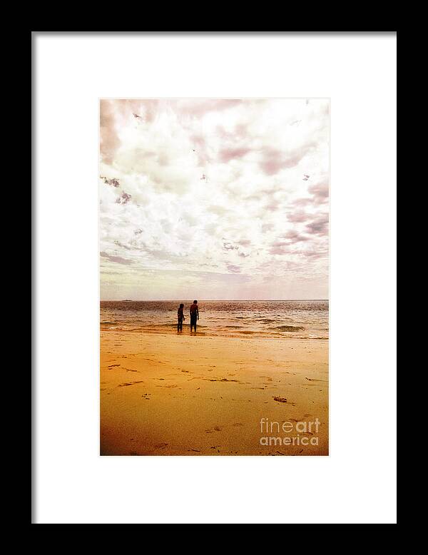 Couple; Two; Children; Sunset; Friends; Beach; Sand; Wading; Wade; Shallow; Calm; Serene; Water; Sea; Ocean; Lake; Horizon; Coast; Sky; Quiet; Outside; Outdoors; Paradise; Shore; Waves; Shoreline; Waters Edge; Blurry; Defocused; Male; Female; Boy; Girl Framed Print featuring the photograph Sadly by Margie Hurwich