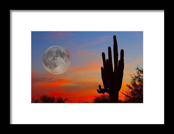 Sunrise Framed Print featuring the photograph Saguaro Full Moon Sunset by James BO Insogna
