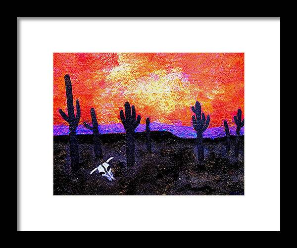 Landscape Framed Print featuring the painting Saguaro Silhouettes and Skull by Dina Sierra