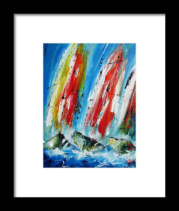Boats Framed Print featuring the painting Sailboats on the water by Mary Cahalan Lee - aka PIXI