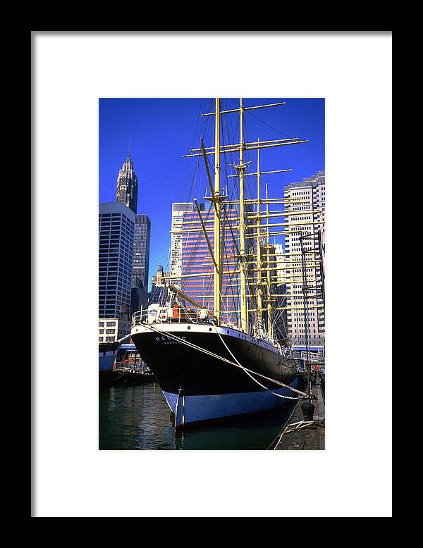 Peking Framed Print featuring the photograph HMS Peking Sailing Boat Anchored in South Street Seaport 1984 by Gordon James