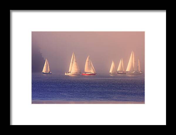 Sailboats Framed Print featuring the photograph Sailing on a Misty Ocean by Peggy Collins