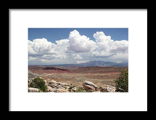 Arches National Park Framed Print featuring the photograph Salt Valley Overlook with La Sal Mountains by Mary Bedy