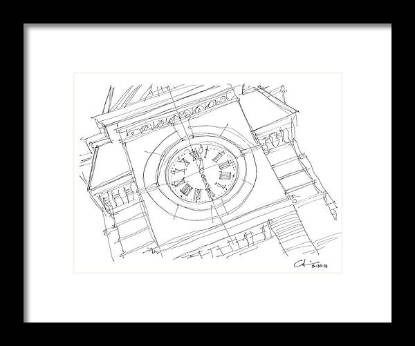 Samford Hall Framed Print featuring the drawing Samford Clock Sketch by Calvin Durham